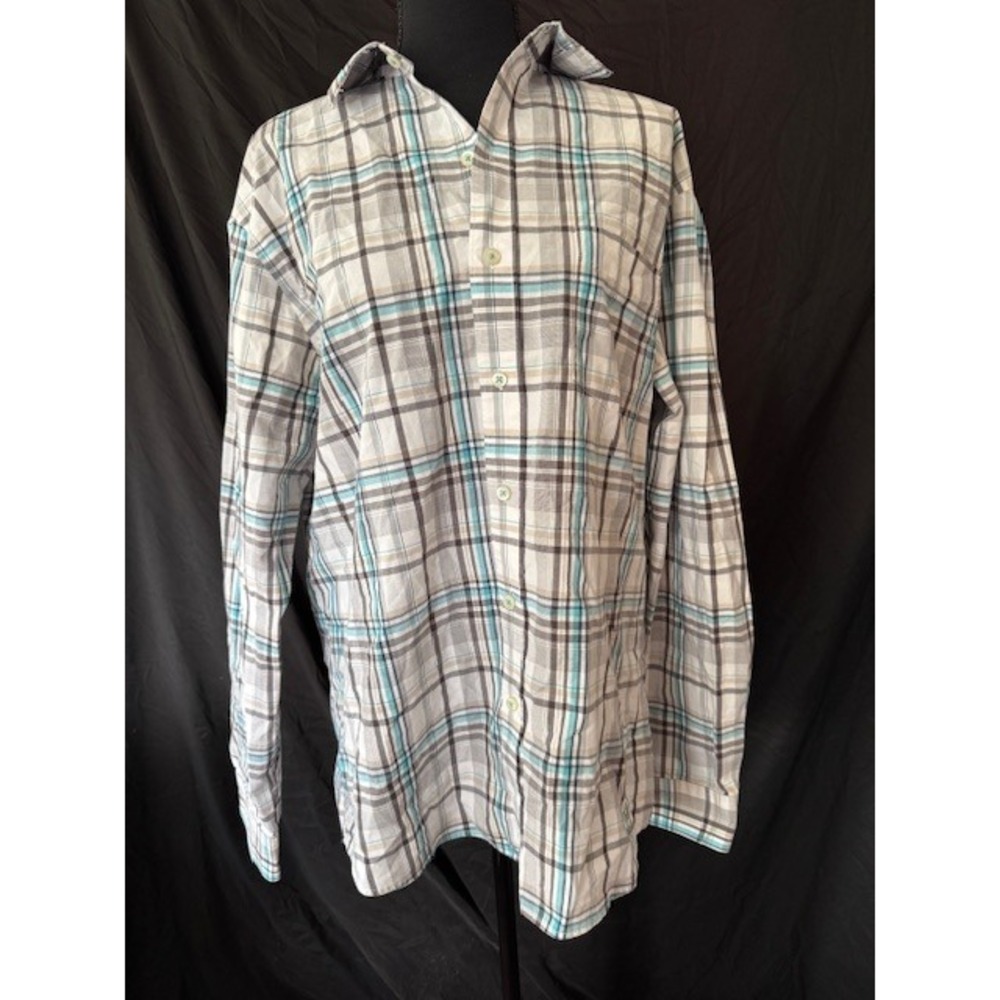 Van Heusen Studio Mens Large Slim Fit Plaid Button Down Shirt Teal Grey White